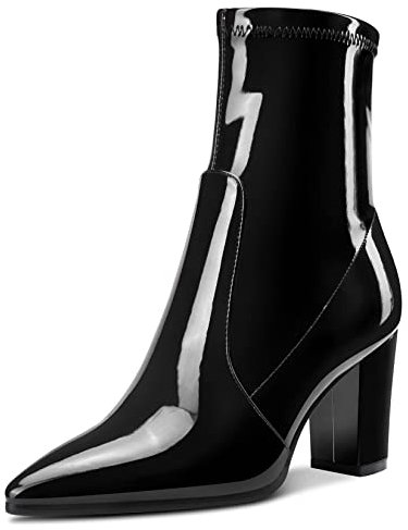 Aachcol Donna Metà polpaccio Stivali a Punta Alto High Chunky Blocco Tacco Heel Verniciata Cerniera Nero 8 CM 44 EU