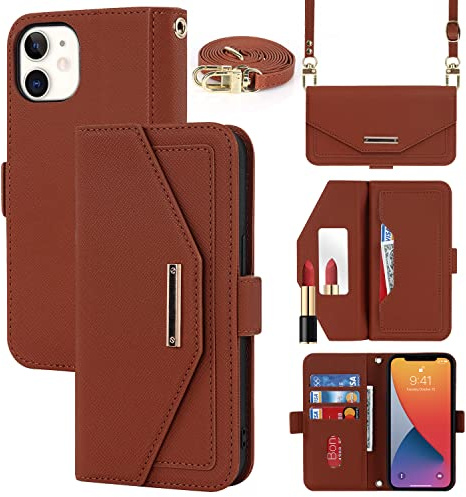 Cavor Coque Compatible avec iPhone 12/12 Pro Etui avec Cordon,Flip Portefeuille Étui Cuir,[5 Porte Cartes][Miroir][Magnétique][Réglable Collier] Housse - Marron