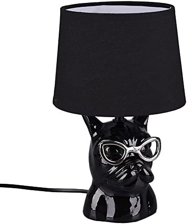 etc-shop Tischleuchte Nachttischlampe Esszimmerlampe Keramik Tischlampe Textil für Schlafzimmer, Hund mit Brille chrom schwarz, Textil, 1x E14 Fassung, DxH 18x29 cm
