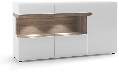 Lomadox Sideboard mit Glasrahmentüren, 164cm breit, in weiß Hochglanz mit Trüffel Eiche Nb., B/H/T ca. 164/86,5/42 cm