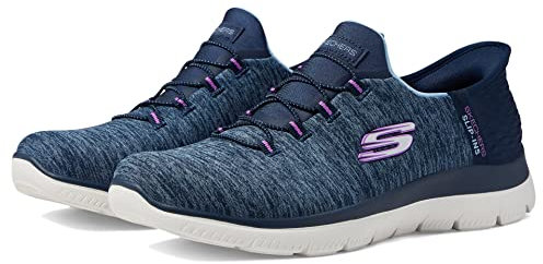 Skechers Damen Summits Freisprech-Slip-ins-Memory-Schaum-Einlegesohle, Fersenkissen, Vegane Materialien Sneaker, Navy Mesh/Purple Trim, 43 EU