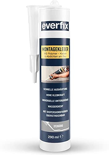 EVERFIX Colla di montaggio grigia (cartuccia da 325 g/290 ml) per interni ed esterni, colla extra forte per metallo, legno, piastrelle, ecc., colla da costruzione per incollare e sigillare