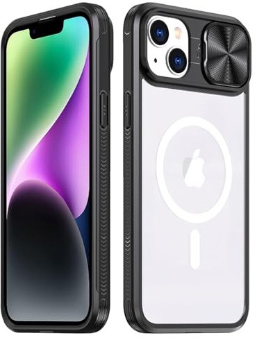 Rdyi6ba8 Clair Coque pour iPhone 14, Transparente Étui [Ne Jaunit Jamais] Protection de la Caméra Étui avec Coulisse Cache Objectif pour iPhone 14 - Noir