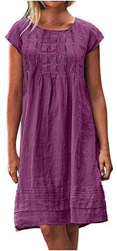 Robe Ete Femme en Lin Mi Longue Plissée T-Shirt Robe de Travail Chic et Elegant Décontractée Couleur Unie Manche Courte Jupe Vêtements Femme Cotton en Line Chemise Robes De Soleil