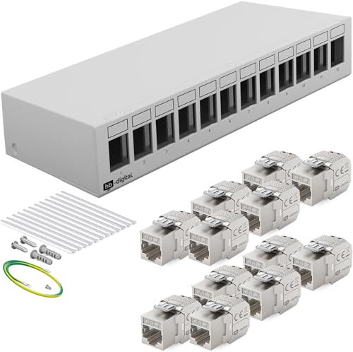 HB-DIGITAL Kit : boîtier de panneau de brassage à 12 ports pour modules Keystone + 12 prises femelles RJ45 Cat.7 Keystone pour installation réseau compatible avec câble de pose LAN Ethernet | Gris