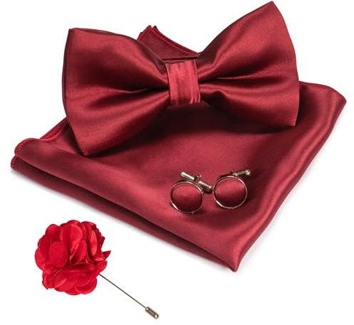 JEMYGINS Herren Fliege Satin Weinrot (6) Fliege und Einstecktuch mit Manschettenknöpfe Brustblume Sets