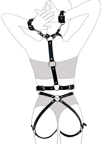 WOPOLIUE Leder Harness Lingerie Bondageset Riemenbody Brustgurte Fetisch Erotik Reizwäsche SM Fesseln Sexspielzeug für Frauen Einstellbare Erotische Dessous-Set BDSM Fesselset mit Handschellen