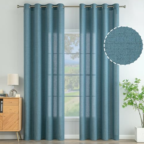 MIULEE Wohnzimmer Vorhänge Gardinen Leinen Ösenvorhang Leinenoptik Vorhang Boho Gardine mit Ösen Semi-transparent Leinenvorhang Curtains 2er Set HxB 145x140 cm,Blau
