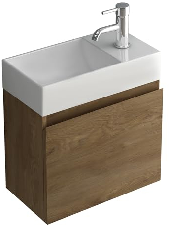 Alpenberger Gäste WC Waschbecken mit Unterschrank 45 cm Breit | Waschtisch Set Klein | Aufsatzwaschbecken Waschtischunterschrank Hängend | Möbel Hängeschrank | Waschbeckenunterschrank Eiche