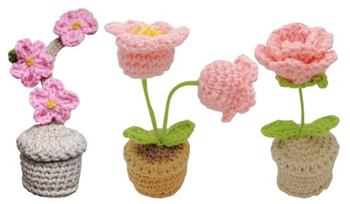 YANGSHINE 3 Stück Mini-Topfblumen, handgefertigt, gehäkelt, handgestrickt, Maiglöckchen, Blume für Büro, Auto, Armaturenbrett, Dekoration, Farbe Nr. 4