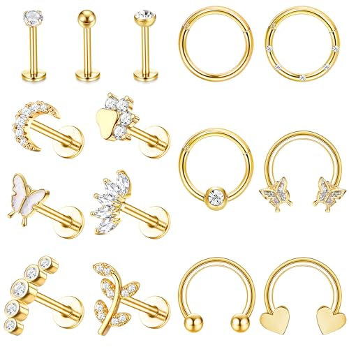Krfy 15Pcs Tragus Piercing Ohr Set Chirurgenstahl Ohrringe Creolen Gold für Damen Herren Hypoallergene Helix Conch Labret Rook Nasen Piercing Ring Schmuck