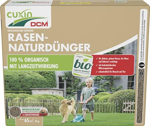 CUXIN DCM Rasen-Naturdünger - Langzeit Rasendünger - Mit MINIGRAN® TECHNOLOGY - unbedenklich für Haustiere - organischer NPK-Dünger - 3 KG für 60qm