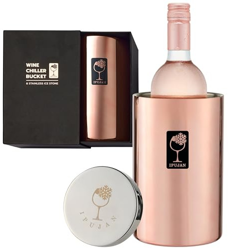 IPUJAN Wine Chiller Bucket with Stainless Ice Stone - Wine Gifts Set of 750ml wine ice bucket cool up to 5 hours - Insulated double walled champange bucket for single bottle(Rose Gold)