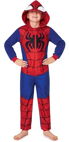 Marvel Spiderman Onesie for Boys, All in One Fleece Pyjamas, Hooded Jumpsuit Loungewear, Cosy Warm Nightwear, Gifts for Boys (4-5 Years, Blue/Red)