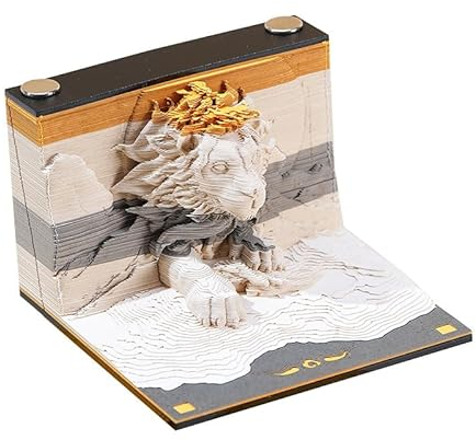 MEICHI 3D Notizblock, nicht verklebt, 3D Papierkunst mit glasklarem Anzeigebox, 8 x 8 x 5,5 cm, 180 Blätter, Tischdeco mit Papiermodell, Wiesenlöwe
