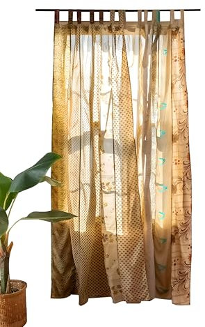 KRAAFTY Sari-Vorhänge aus indischem Seidenmischgewebe, einzigartige Patchwork-Fenstervorhänge für Wohnzimmer und Schlafzimmer, durchscheinende Heimdekoration, beige, 213,4 cm lang