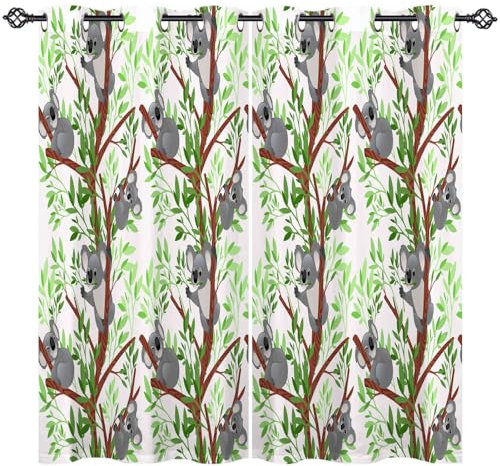 ANHOPE Cartoon Tier Koala Bär Blatt Blickdichte Gardinen mit Ösen Kinder Jungen Mädchen Thermo Vorhänge Wohnzimmer Schlafzimmer Verdunklungsvorhänge 2er Set H 138 x B 107 cm