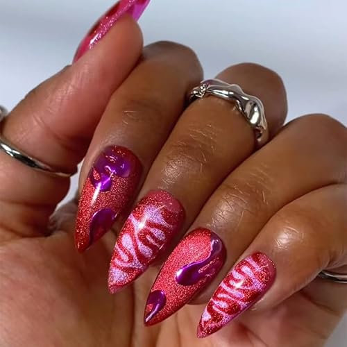 24pcs Medium Almond False Nails Cat Eye, Press on Nails Red Glitter Purple Wave Swirl Stick on Nails Fake Nails Removable Glue-on Acrylic Nails Women Nail Art Accessories