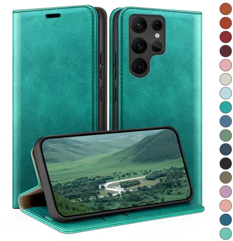 HUOUH für Samsung Galaxy S22 Ultra Hülle mit RFID Schutzhülle aus Lederhülle Handyhülle,Kartenfach Leder ständer Handy hülle,360 Grad Schutz Cover für Samsung S22 Ultra Klapphülle Wallet Case Blaugrün