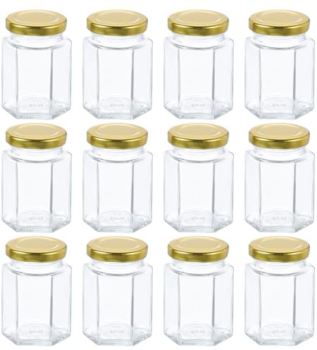sourcing map 12pcs Hexagon Glass Honey Jars 3.4oz Small Mini Honey Jar Container with Gold Lids for Wedding Party Favors Bridal Shower