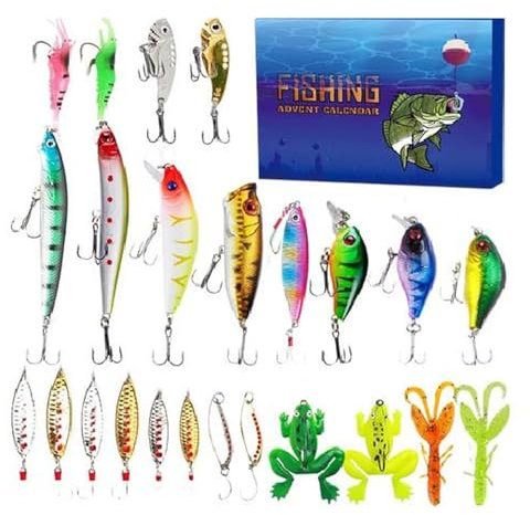 Adventskalender Weihnachts-Countdown,Angel-Adventskalender 2024, Mit -Augen Weihnachts-Countdown-Angelhaken-Set, Angelköder-Köder-Set, Adventskalender 2024, vielseitig einsetzbar für Salzwass