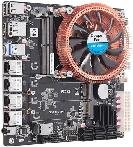 N100 NAS Motherboard, NAS Mainboard, Mini ITX Mainboard mit Intl N100, 4*Intel i226 2.5G LAN 6*SATA3.0 1*DDR5 2*M.2 NVMe 3.0x1, Mini ITX Board für NAS Server DIY mit Lüfter