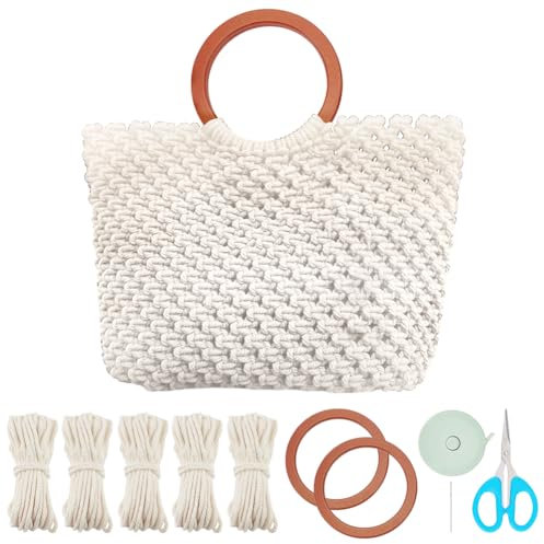 WEBEEDY DIY Makramee Taschen Set Für Erwachsene Anfänger Boho Handtasche Mit Holzgriffen Und Anleitung DIY Makramee Taschen Set Für Frauen Urlaub Sommer Strand Dekor (Beige,35x40cm)