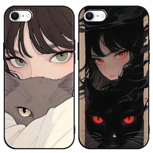Yimctoie 2 Stück Handyhülle für iPhone 7/8/SE 2020/SE 2022 4,7,Cute Karikatur Cool Mädchen umarmt Katze Aesthetic Muster Case,Anime Cat Cartoon Schutzhülle Schwarz Silikon Hülle Stoßfeste Cover