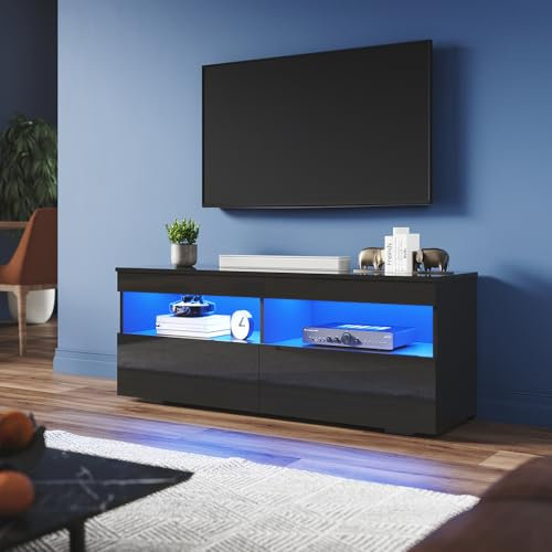 ZANOFIRA LED TV Unit Stand with RGB LED Lighted, High Gloss TV Stand with 2 Pull-Down Door, Modern Wall Mounted TV Cabinet with Open Storage Shelves and Drawers for Living Room, 1200x350x450mm, Black