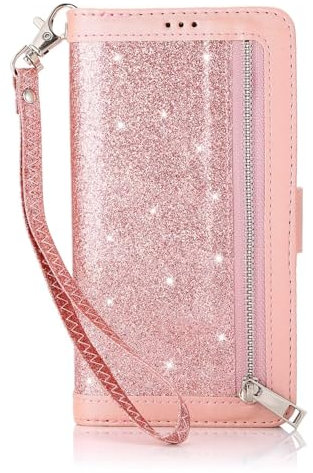 BEENTRYS Funda Tipo Cartera para Huawei Mate 10 Lite Funda,Brillante Purpurina Cuero Tapa con Ranura para Tarjetas Piel Soporte Flip Wallet Case Magnética PU Antigolpes Carcasa-OroRosa