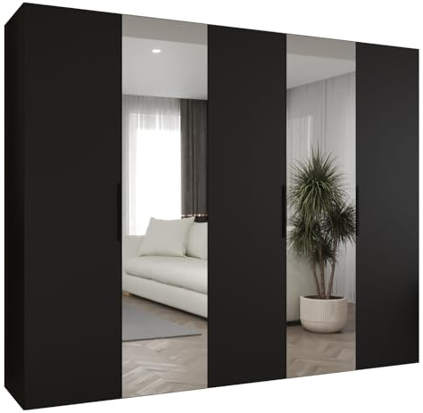 MEBLE KRYSPOL - Kleiderschrank mit Spiegel - Drehtürenschrank - Schrank 250x202x52cm - Garderobenschrank Schlafzimmer, Flur, Jugendzimmer - Farbe Schwarz, Griff Schwarz - Marbella 2 250