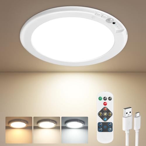 Rechargeable Motion Sensor Light Indoor, Shed Lights Battery Powered with Remote, Magnetic Wireless Ceiling Wall Lights, Battery Operated Bathroom Lights 3 Colors for Garage Loft Hallway Shower