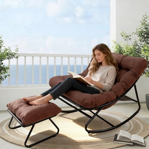 AlpineAura Schaukelstuhl mit Hocker Garten Schaukelsessel Relaxstuhl Wohnzimmer Lesesessel mit Gepolsterter, Schwingsessel Patio, bis 150 kg, für Garten, Hof, Schlafzimmer