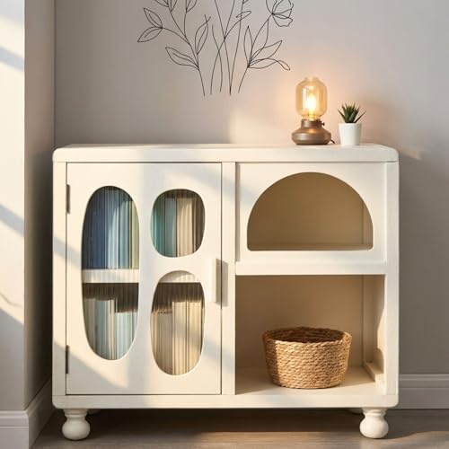 Ya-Home Buffet Salon Bas avec Portes en Verre, Meuble de Rangement, Blanc | Meuble TV avec Compartiments, Pieds en Bois Massif, Buffet de Cuisine, Pour Salon/Cusine/Chambre