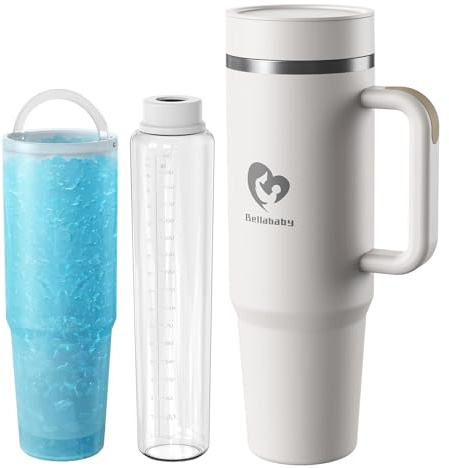 Bellababy Portable Breast Milk Cooler Bottle for Outdoor, 24H+ 360° All-Round Cooling Breast Milk Chiller with 18oz BPA-Free Bottle, Multi-Use 50oz Insulated Tumbler with Handle & Straw (beige, Large)