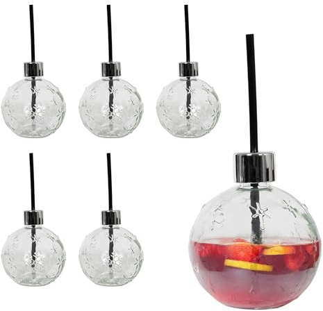 Spetebo Lot de 6 boules de Noël en verre 400 ml avec paille réutilisable – Lot de 6 – Boule de Noël, flocons de neige, punch en verre avec paille réutilisable – Design verre punch