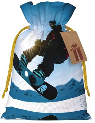 S Wiederverwendbare Weihnachtstasche – Snowboard-Bild-Druck mit Kordelzug, Geschenkbeutel für Feiertage, Geburtstage und Hochzeiten