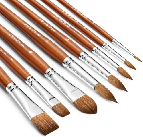 Fuumuui Sable Watercolour Brushes Professional 8Pcs | Variety Shapes with Flat, Round Pointed, Liner, Cat's Tongue Oval Wash for Watercolour Acrylic Gouache Inks Painting
