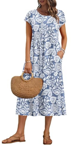 AUSELILY Women's Summer Short Sleeve Midi Dresses Loose Dress with Pockets