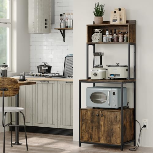 Crehomfy 5-stufiges Bäckergestell mit Steckdose, Industrieller Mikrowellen-Standtisch mit Stauraum, Küchenregal mit Schrank, Kaffee-Wagen, Stehregal (Rustikales Braun)