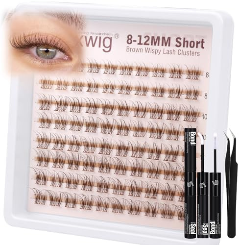 Braune Wimpern Extensions Kit 8-10-12MM Kurze Lash Cluster Set Natürliche Künstliche Wimpern Dark Brown Cluster Lashes Wispy Falsche Wimpern C Curly DIY Wimpernverlängerung by Lvmixwig