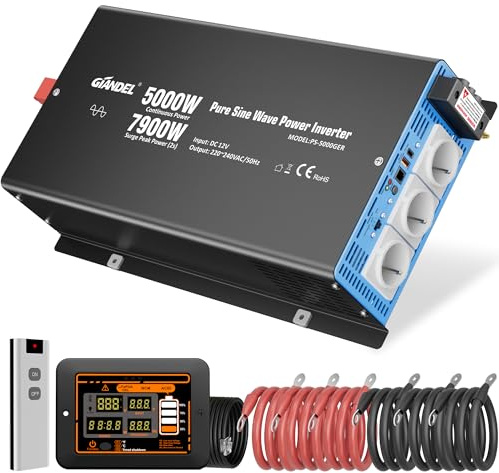 GIANDEL 5000W Wechselrichter 12V auf 230V Reiner Sinus Wechselrichter 7900W Spitzenleistung Spannungswandler Power Inverter mit LED-Fernbedienung, Einstellbarer Eingangsspannung für Haushaltsgeräten