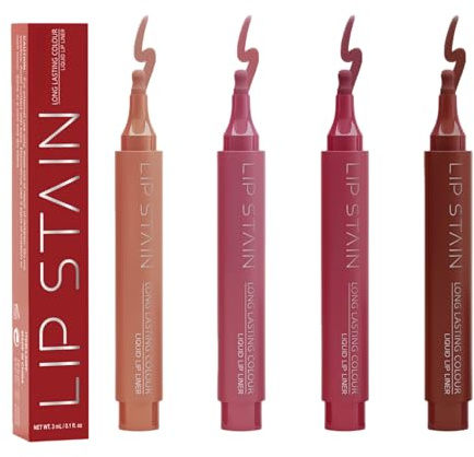 4PCS Lip Stain & Liner Pen Set,Waterproof Lip Liner Stain for Long Lasting Finish,Includes Red Lipstick,Nude Lipstick & Pink Lipstick,Lip Gloss,Lip Tint and Lip Crayon Makeup Sets for Women as Gift