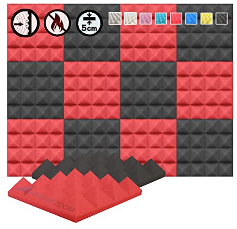Arrowzoom 12 Pannelli Fonoassorbenti Piramidali 25x25x5cm Correzione Acustica 26kg/m3 500-8000Hz Isolamento Trattamento Acustico Studio registrazione Insonorizzazione 1034 ROSSO NERO