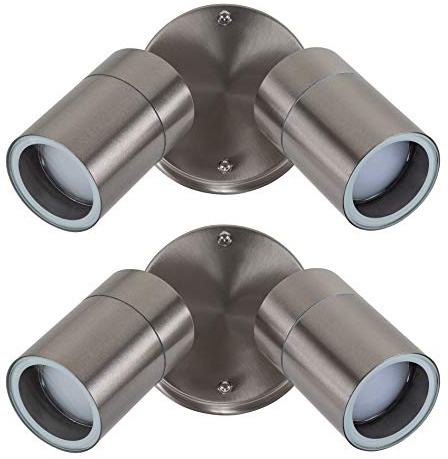 MiniSun | Modern Stainless Steel Twin Wall Spotlights | Outdoor Wall Lights, Home Décor & Improvement Essential | Set of 2 | Includes 3W LED Bulbs [3000K Warm White] | Mains Wired