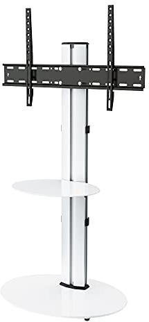 MAHARA Swivel Column TV Stand - for 32 to 55 inch TVs-Universal freestanding silver tall floor stand with oval white glass shelves & cable management-Height adjustable & fits in corners-Weight 40kg