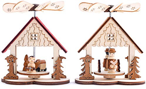 BRUBAKER 2er Set Weihnachtspyramide Adventshaus - Handbemalte Figuren | 2 Motive: Jesuskind mit Engel / Erzählfiguren mit Buch - Holz Tischpyramiden je 10,5 cm
