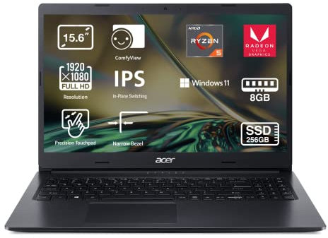 Acer Aspire 3 A315-23-R2XY Laptop, 39,6 cm (15,6 Zoll), Full HD (AMD Ryzen 5 3500U, 8 GB RAM, 256 GB SSD, AMD Radeon Vega 8, Windows 11 Home), Schwarz, QWERTY-Tastatur Spanisch