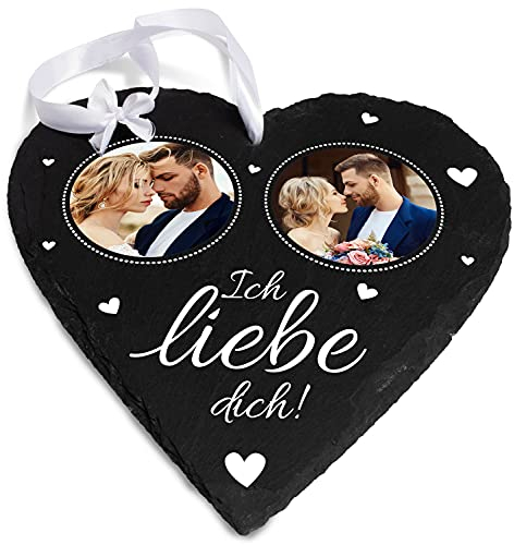 wandmotiv24 personalisiertes Schiefer-Herz, 20x20cm, 2 Fotos, Ich Liebe Dich, Pärchen, Geschenk für Frauen & Männer, Deko, Hochzeit, Dekoration Wohnung modern, Geburtstagsgeschenk, Valentinstag M0586