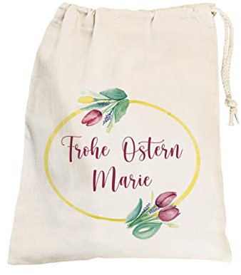Herz & Heim® Geschenksack zu Ostern 14 cm x 20 cm (B/H) personalisiert mit Wunschnamen (Tulpen)